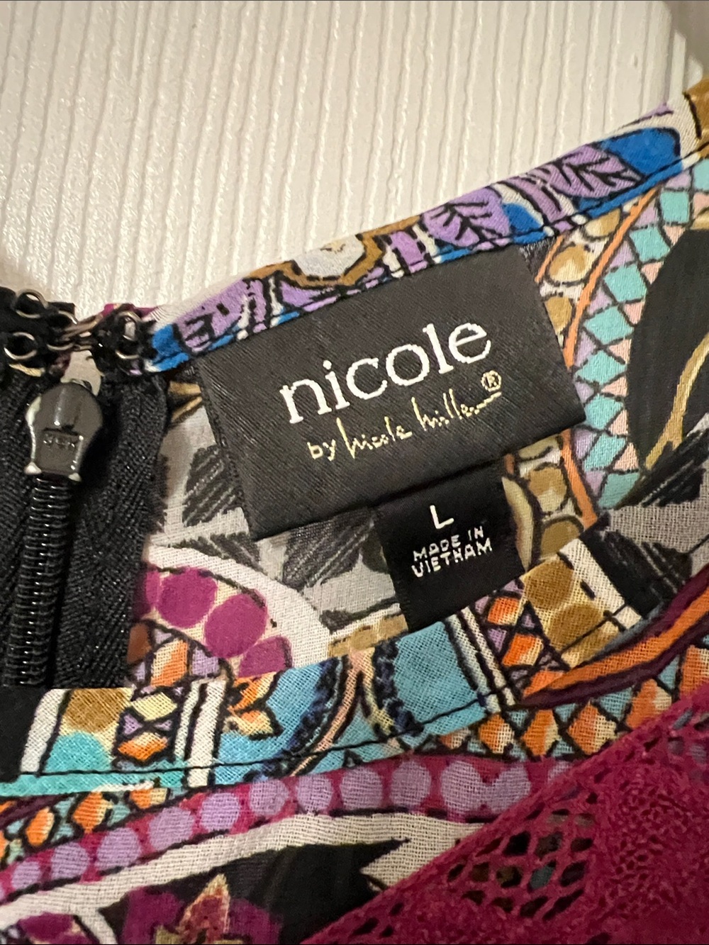 Nicole Miller Black Baroque Paisley Top with Fuchsia Lace Trim and Blue Accent - Picture 2 of 4